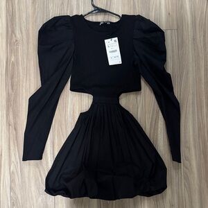 Zara Black Puff Sleeve Cutout Mini Dress with Balloon Skirt